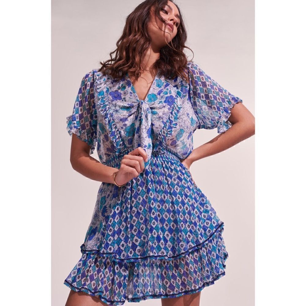 Poupette St Barth Mini Dress Alyson White Green Diagonal Batik